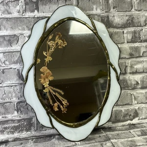 Vintage White Stained Glass Oval Wall Mirror Double Sided Pressed Flowers - Picture 1 of 5