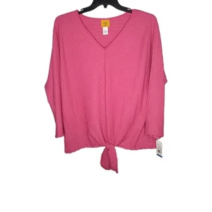 Ruby Rd Womens Top Blouse Raspberry Pink Tie Waist 3/4 Sleeve V Neck SZ XL - Picture 1 of 14