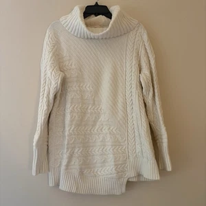 L.L.Bean Cable Knit Turtleneck Sweater L Ivory Cream Fisherman Pullover Merino  - Picture 1 of 4