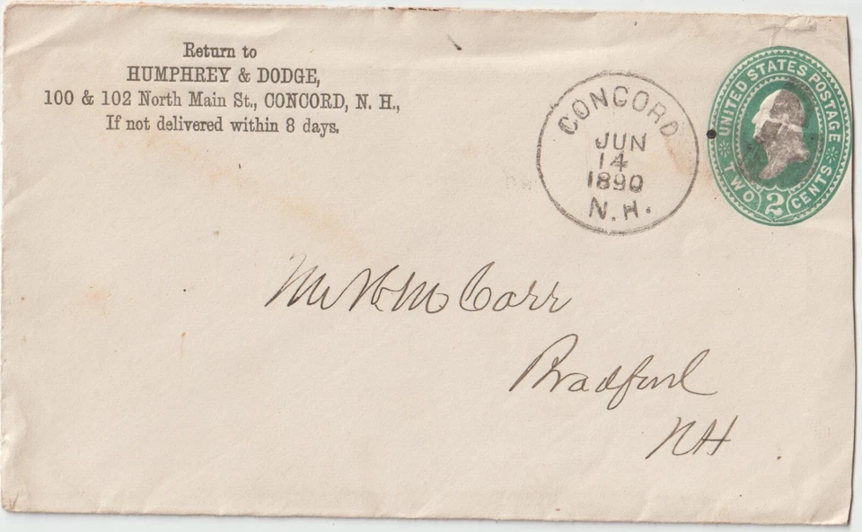 Concord NH 1890 Cork 2ct green entire Advt Humphrey Dodge to Bradford NH (A361) - Image 1 of 1
