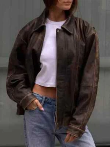 80er Oversize A2 Military Vintage Style Distressed Braun Echt Leder Jacke - Bild 1 von 7