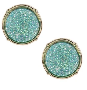 Drusy Round Earrings Iridescent Green Colored Druzy Stud Earrings Pierced - Picture 1 of 1