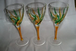 CC ZECCHIN MURANO Venedig Italien 3 grüne und bernsteinfarbene Wirbel Weingläser - Bild 1 von 4