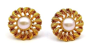 20K AUTHENTIC GOLD EARRING PAIR PEARL YELLOW GOLD EARRING LEAF PATTERN ANTIQUE - Picture 1 of 1