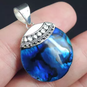 925 Sterling Silver Small Round Blue Paua Abalone Shell Pendant, PASP-150 - Picture 1 of 5