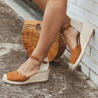 Nuevas sandalias alpargata Mary Jane punta ganchillo correa al tobillo tacón de cuña plataforma baja Foto 1 de 2