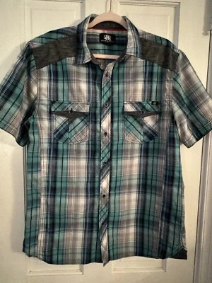Rock & Republic Mens  Size L Plaid Short Sleeve Button Up Shirt Black Gray Teal - Image 1 of 3