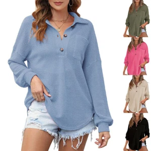 Long Sleeve Blouse Tees Loose Fit T-Shirt Waffle Tops Pullover With Chest Pocket - Picture 1 of 18