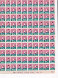 US 1945 CRIPPLED Children Seal, pane of 100, MH 2 scans - Picture 1 of 2