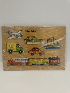 Vintage Fisher Price Vehicles Wooden Puzzle #508 Train Boat Car Ice Cream Truck - Picture 1 of 2