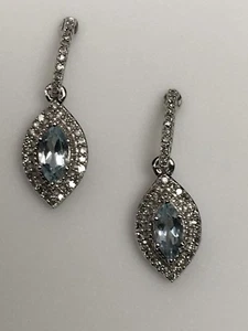 10K White Gold Marquise Shape Aquamarine and Diamond Pave Dangle Earrings - Picture 1 of 12