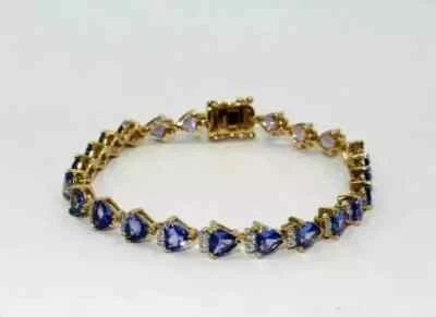 7Ct Trillion Cut Lab Created Tanzanite Tennis Bracelet 14k Yellow Gold Plated - Image 1 of 4