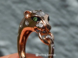 14K ROSE GOLD EFFY DIAMOND & TSAVORITE CAT PANTHER HEAD DOOR KNOCKER RING SIZE 7 - Picture 1 of 16