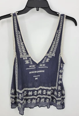 Ecote Top Womens 8 Blue Embroidered Sleeveless Boho Peasant Festival Hippie - Image 1 of 4