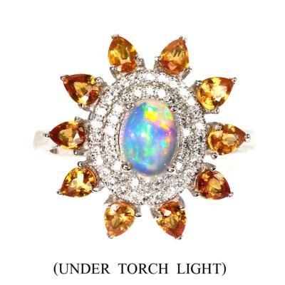 925 Anello Argento Sterling Ovale Opale di Fuoco 8x6mm Giallo Zaffiro Gemma - Immagine 1 di 4