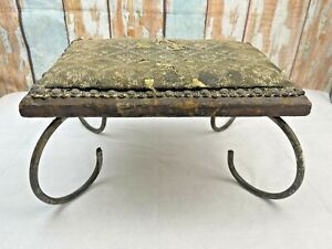 Victorian Antique Footstool Wrought Iron Curved Leg Hardwood Reupholster Restore