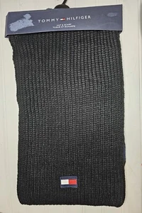 Tommy Hilfiger Men's Black Embroidered Logo Ribbed Winter Warm Scarf NEW NWT  - Picture 1 of 1