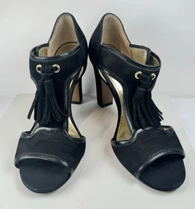 Coach Tristen Tassel Cutout Block Heel Sandals Black Suede 8.5B Leather Sole - Picture 1 of 20