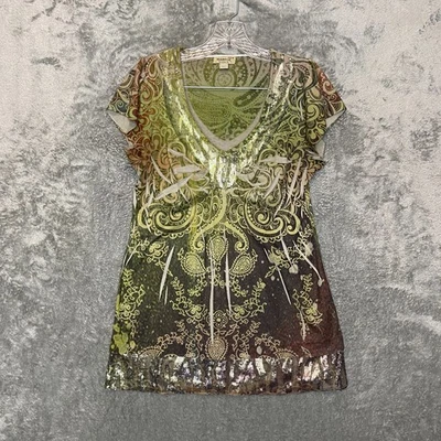 Blusa One World feminina anos 90 Y2K fada enrugada goblincore lantejoulas manga esvoaçante M - Imagem 1 de 4