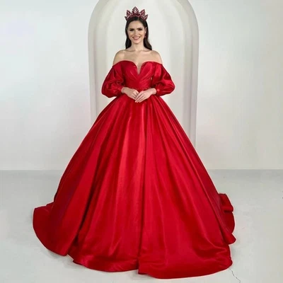 Red Corset Wedding Dress Sweetheart Puff Sleeves Pleat Beading Satin Bridal Gown - Image 1 of 4