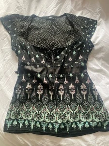 Jane Norman black/green Vintage gypsy style cotton top size 10 - Picture 1 of 4