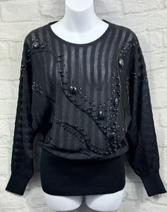 Jacques Vert Black Jumper Beaded Size 12 Striped Semi Sheer Grannycore Party - Picture 1 of 10