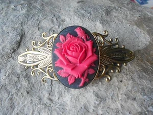 RED ROSE CAMEO ANTIQUED BRONZE FILIGREE BARRETTE - VICTORIAN LOOK, GOTH - Picture 1 of 2