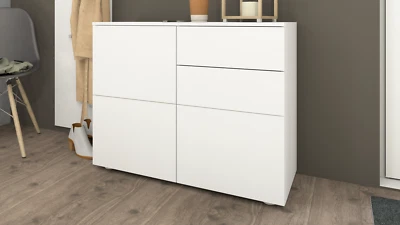 Kommode Sideboard 3-türig mit Schubkästen Schrank Weiß Hochglanz Garderobe ROVA - Bild 1 von 4