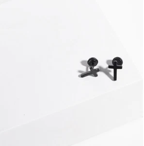 Unisex Silver Titanium S.Steel Punk Tiny Black Cross Stud Earring - Picture 1 of 2