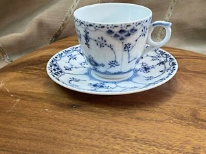 Royal Copenhagen Blue Flute Half Lace Border Flat Cup & Saucer - Picture 1 of 10