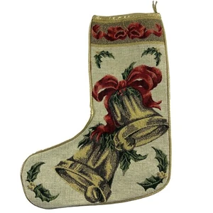 Bells Bow Christmas Stocking Tapestry Style Gold Tone Trim Glitter - Picture 1 of 8