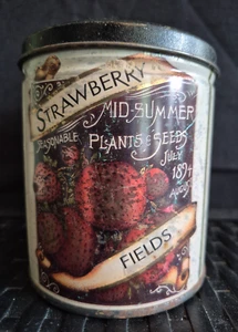 Strawberry fields Mid-Summer Plants & Seeds Collectible Farmhouse Tin Vtg Ad - Picture 1 of 5