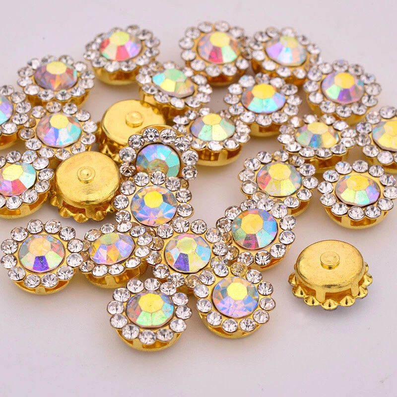 50 Gold Bling Crystal Rhinestone Pearl Flatback Buttons 8mm 10mm Wedding Crafts - Image 1 of 4