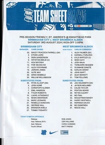 Birmingham City v West Bromwich Albion 2024-5 Pre-Season Friendly - TeamSheet - Picture 1 of 1