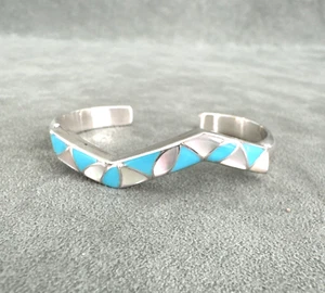Cuff Bracelet by SKJ Siber Janita Kallestewa Turquoise MOP Multi Inlay Sterling - Picture 1 of 12