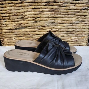 CLARKS JILLIAN LEAP Sandals Womens 6.5 Black Leather Comfort Wedge Slides Shoes - Picture 1 of 9
