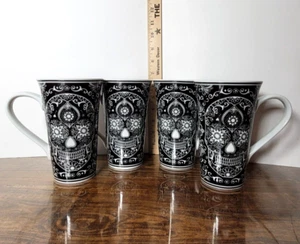 New Set of 4- 222 Fifth LA CALAVERA Blk & White Porcelain Tall Latte Coffee Mugs - Picture 1 of 9