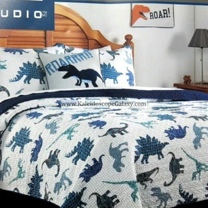8pc Dinosaur Full/Queen QUILT  Sheets DINOSAURS BLUE GRAY WHITE TEAL COTTON  - Picture 1 of 12