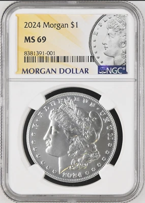 :2024-P SILVER MORGAN DOLLAR SPOTLESS NEAR PERFECT NGC MS69 RARE R2 HIGH GRADES - Image 1 of 2