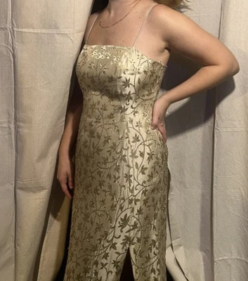 JS Collections Y2K Vintage Strappy Beaded Gold/Tan Formal Dress Slit Size 10 90s - Image 1 of 4