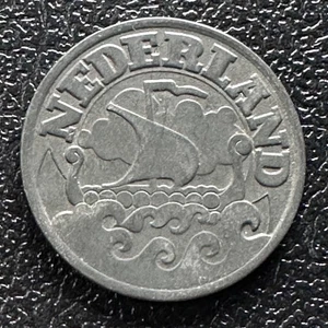 NETHERLANDS WILHELMINA 1941 25 CENTS, SAILING SHIP WWII GERMAN OCCUPATION ZINC - Picture 1 of 2