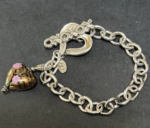 Vintage signed PEY Sterling Silver 925 charm Bracelet art glass heart 8" xoxoxo - Picture 1 of 23