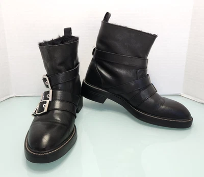 Zara Mujer Negro Cuero Suave Motociclista Moto Botines Tacón Bajo Puntera Almendra Talla 38 Foto 1 de 4
