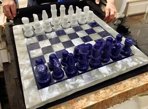 18" White Marble Top Chess Set With Pieces MOP & Lapis Mosaic Inlay Arts Decors - Picture 1 of 11
