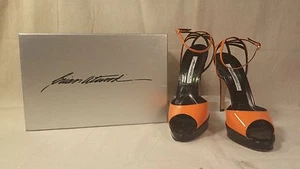 Brian Atwood "Vernice" Black & Orange Patent Leather Peep Toe Heels - 39 Euro - Picture 1 of 9