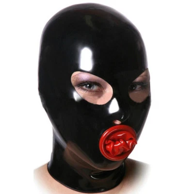 Latex Hood with Inner Red Mouth Condom Open Eyes Nose Back Zipper Rubber Mask - Image 1 of 2