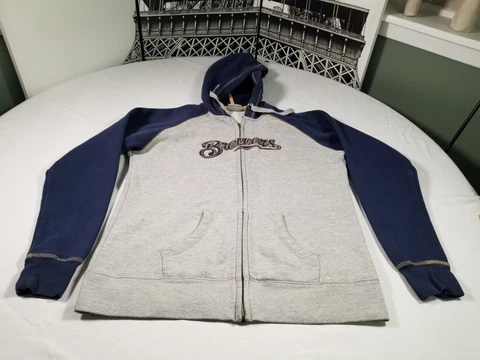 Milwaukee Brewers Sweater Jacket Mens Small Gray Full Zip Hooded MLB Baseball Cover