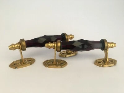 Vintage brass cobalt glass church art decor Victorian door handle pair Home Deco - Image 1 of 4