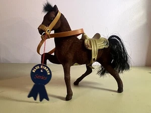 Vintage Flocked 8" Brown Horse Black Mane/Tail Plastic Saddle Bridle Reins - Picture 1 of 5