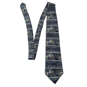 Manhattan Men’s Tan Navy Green Leaf Pattern 100% Polyester Classic Neck Tie - Picture 1 of 8